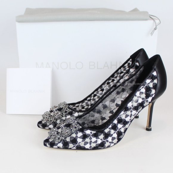 NEW MANOLO BLAHNIK Hangisi Mid-Heel Satin & Lace Pumps - Picture 2 of 13